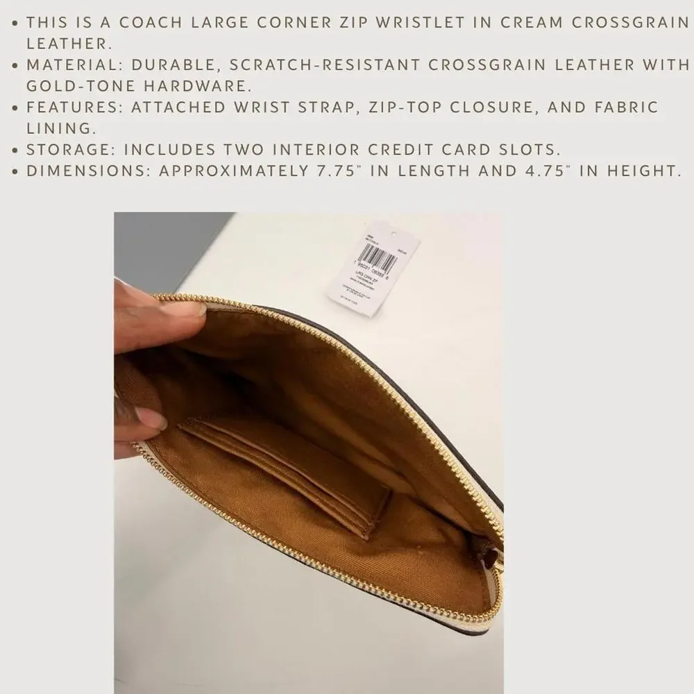 Coach Large Corner Zip Wristlet Cream Pebbled Leather NWT